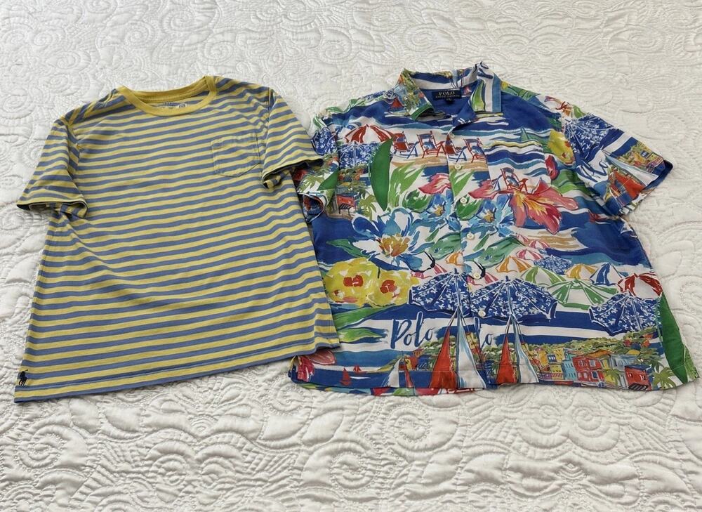 Lot of 2-Polo Ralph Lauren Riviera-Print Camp Shirt Striped Boys Large (14-16)